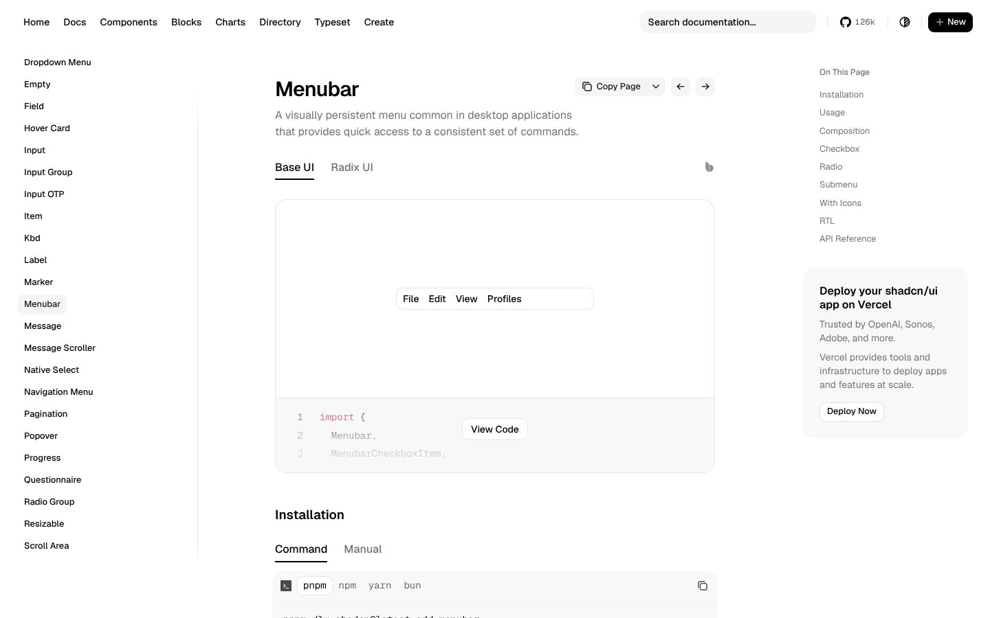 Menubar (shadcn/ui) preview