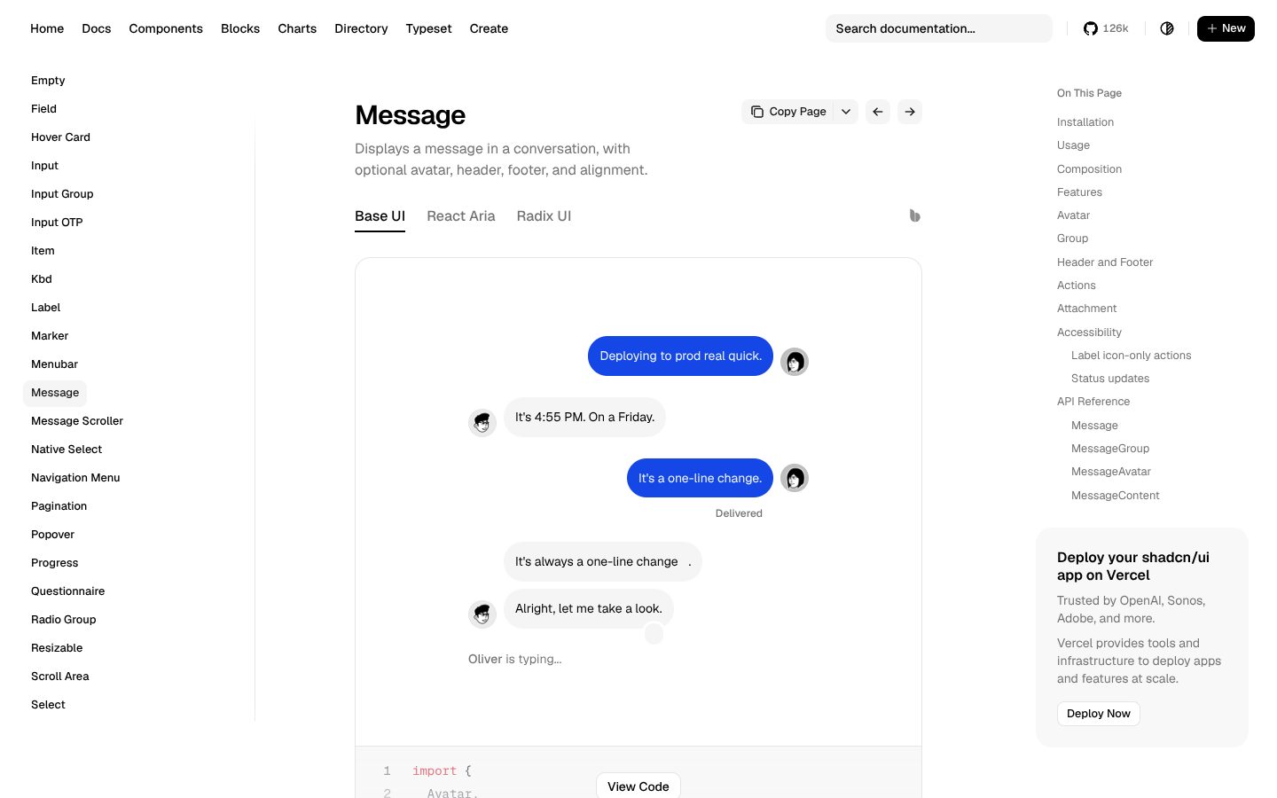 Message (shadcn/ui) preview