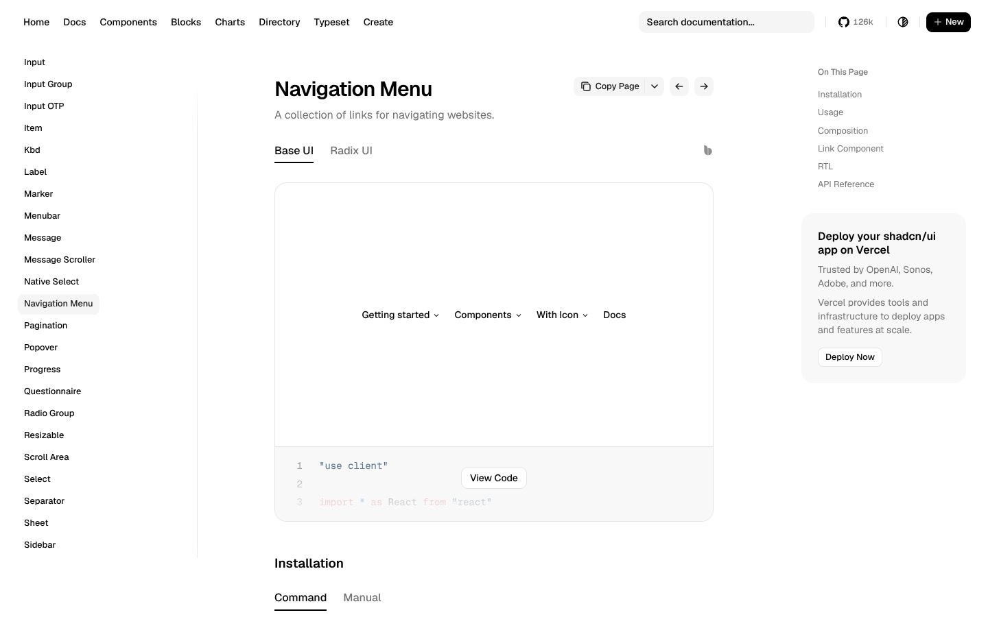 Navigation Menu (shadcn/ui) preview