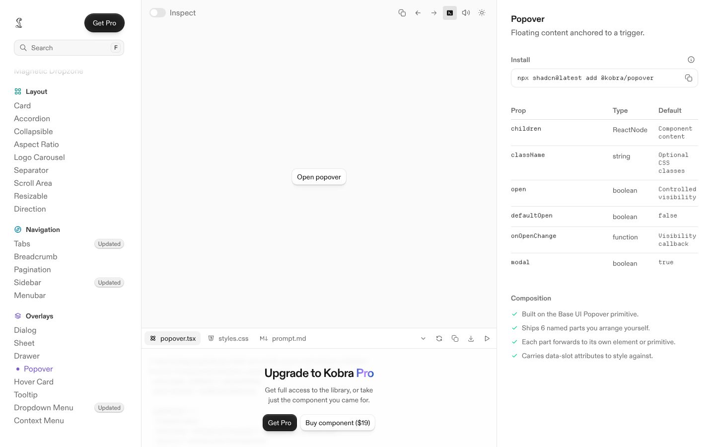 Popover (Kobra) preview