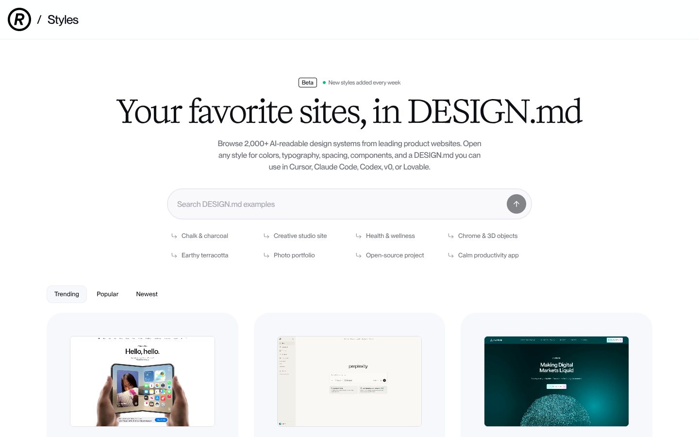 Refero Styles: 2,000 DESIGN.md files preview