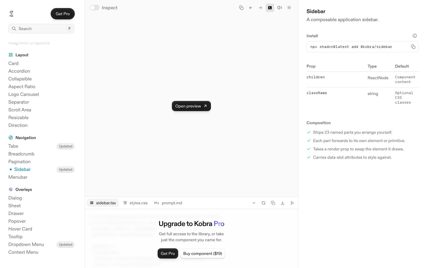 Sidebar (Kobra) preview