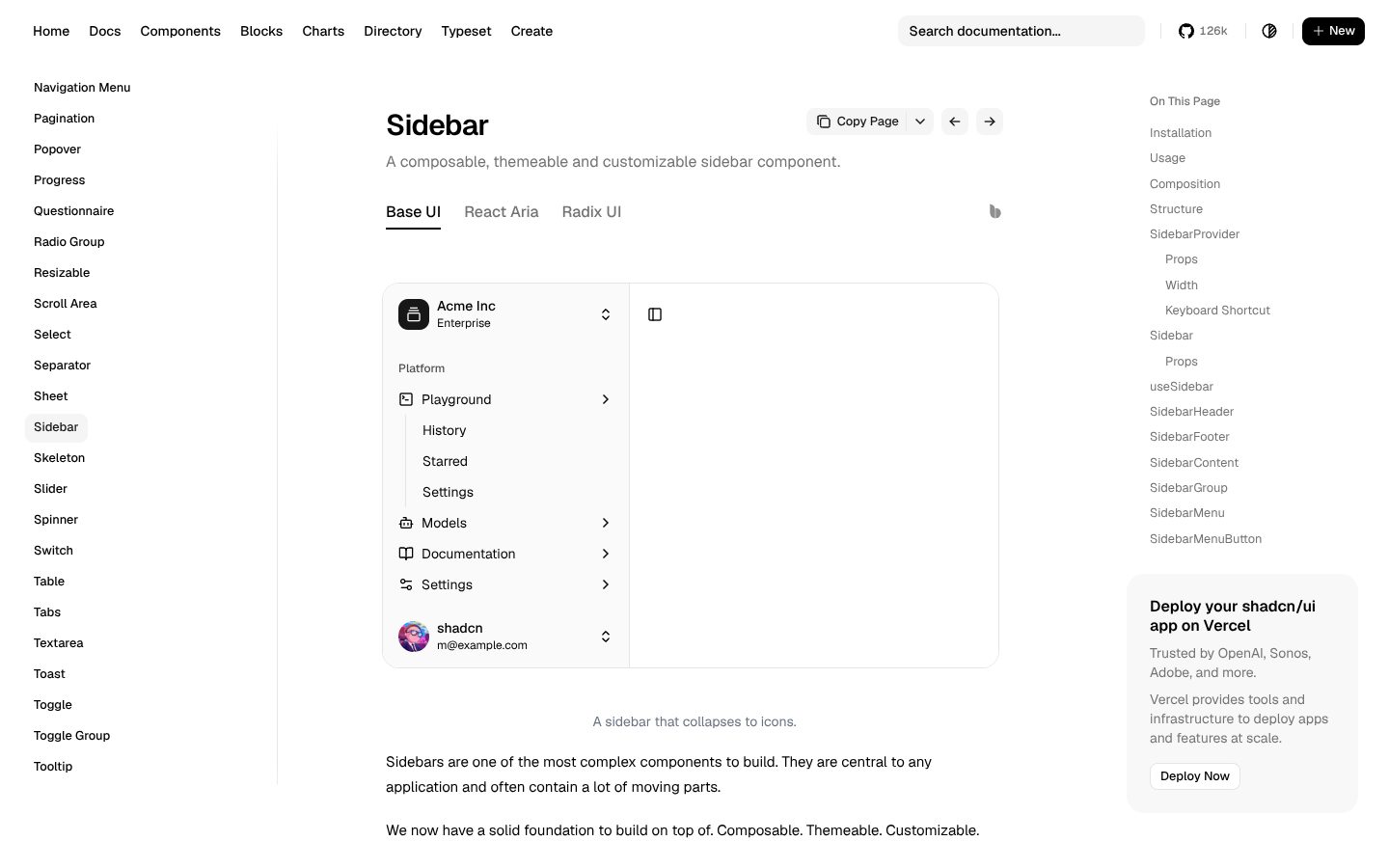 Sidebar (shadcn/ui) preview
