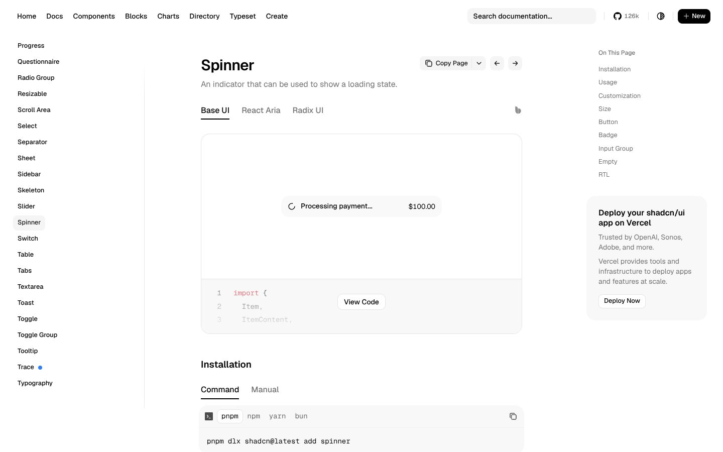 Spinner (shadcn/ui) preview
